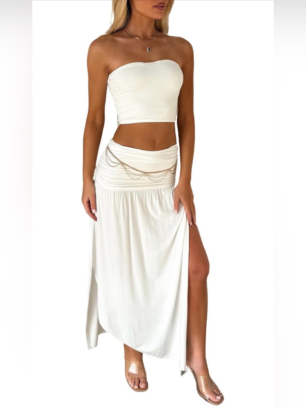 Lybiogs Women 2 Piece Maxi Skirt Set Tube Crop Top Summer Vacation Outfit